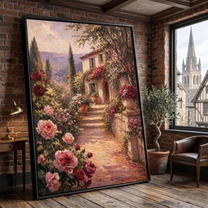 Lienzo con diseño de sendero de jardín mediterráneo, arte mural floral estilo casa de campo, rosales románticos, lienzo con paisaje de la Toscana, elegante decoración para el hogar.