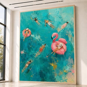 Vibrant Pool Scene Canvas, Summer Swimming Art, Tropical Flamingo Float, Relaxing Water Color Wall Art, Bright Blue Pool Decor