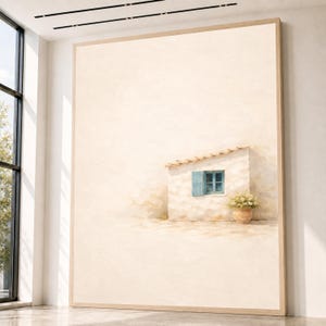 Rustiek mediterraan huisje canvas, blauwe sluiter raamkunst, gezellig huisdecor, minimalistische muurkunst, bloempotdecoratie, zomercharme