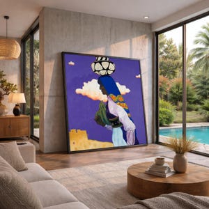 Quadro su tela di T.C. Cannon raffigurante una donna nativa americana che trasporta oggetti in ceramica, dipinto della cultura Pueblo, stampa artistica del sud-ovest americano, viola vibrante.