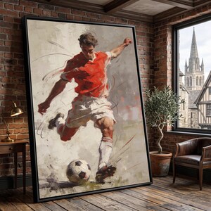 Dynamischer Fußballspieler Leinwand, Aktionssport Wandkunst, Fußball Kick Malerei, athletische Dekoration, moderne Sport Leinwandkunst