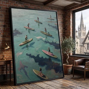 Lienzo con imágenes de practicantes de paddle surf en aguas tranquilas, escena de ocio veraniega, arte mural de aventura al aire libre, lienzo con serena vista al océano, estilo de vida costero.