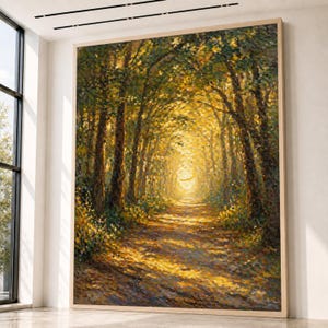Tela con sentiero nella foresta dorata, Quadro da parete con tunnel di alberi illuminato dal sole, Paesaggio autunnale naturale, Tela con bosco caldo, Quadro per l'arredamento della casa