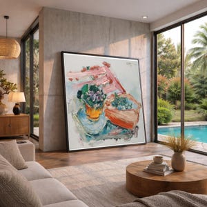 Natura morta floreale su tela, dipinto di un bouquet colorato, design astratto di un vaso di fiori, tela contemporanea per l'arredamento della casa.