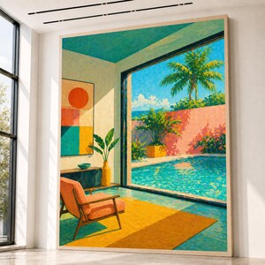 Interno moderno di metà secolo, tela con vista sulla piscina, arte murale con palme tropicali, decorazione luminosa della stanza, tela colorata per la casa