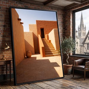 Southwestern Adobe Architecture Canvas, Desert Staircase Wall Art, Rustic Home Decor, Terracotta Building Canvas, Warm Earthtone Wall Design