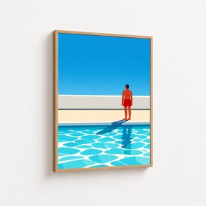 David Hockney-stil, minimalistisk canvas med utsikt över poolen, konstverk med man i röda shorts, väggkonst med reflektion i blått vatten, dekoration med sommarvibbar