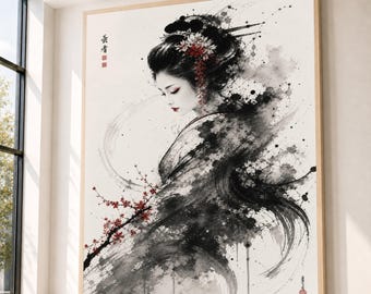 Elegantes Geisha Portrait Leinwand, Asiatische Kunst Wanddekor, Schwarze Tusche Pinselstrich Malerei, Blumen Kirschblüten Leinwand, Asiatische Frau Profil