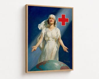 Haddon Sundblom Rode Kruis verpleegkundige canvas muurkunst, vintage humanitaire posterprint, klassieke medische liefdadigheidsdecoratie, historisch canvas
