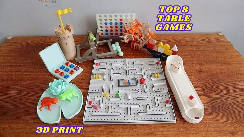3D print stl file table games collection digital tic tac toe, pac man, chairs, four in a row, bowling, castles image 1