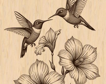 Des colibris planant autour de grandes fleurs fichier PNG de gravure laser (téléchargement numérique) | Scène de la vie sauvage