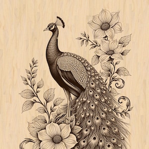 May include: A sepia-toned illustration of a peacock with its elaborate tail feathers, set amongst floral designs. The artwork uses brown and beige hues, giving a vintage feel. The peacock is the main subject of the image.