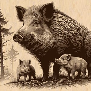Może przedstawiać: Ilustracja w odcieniach sepii przedstawiająca dzika z dwoma prosiętami. Dorosły dzik stoi dumnie, z szczegółowym futrem i skupionym spojrzeniem. Prosięta są mniejsze, stoją blisko. Tło przedstawia stylizowane drzewa i las.