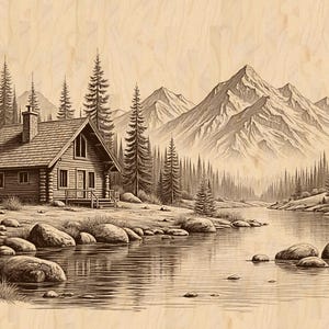 Op de afbeelding: Sepia-getinte illustratie van een hut in een bos bij een meer, met bergen op de achtergrond. De hut heeft een schoorsteen en een kleine veranda. Dennenbomen en rotsen omringen het meer.
