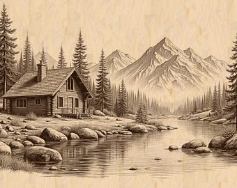 May include: A sepia-toned illustration of a cabin nestled in a forest by a lake, with mountains in the background. The cabin has a chimney and a small porch. Pine trees and rocks surround the lake.