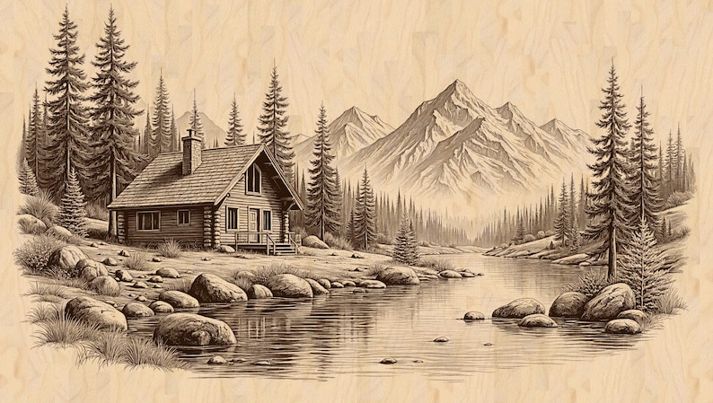 Mountain Cabin by a River Laser Engrave PNG File: Rustic Nature Art ...
