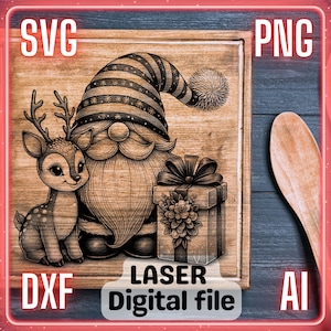 Nain de Noël avec renne | Fichier de gravure laser PNG SVG sous-verres, planche de charcuterie, planche à découper | LightBurn, Glowforge, Xtool