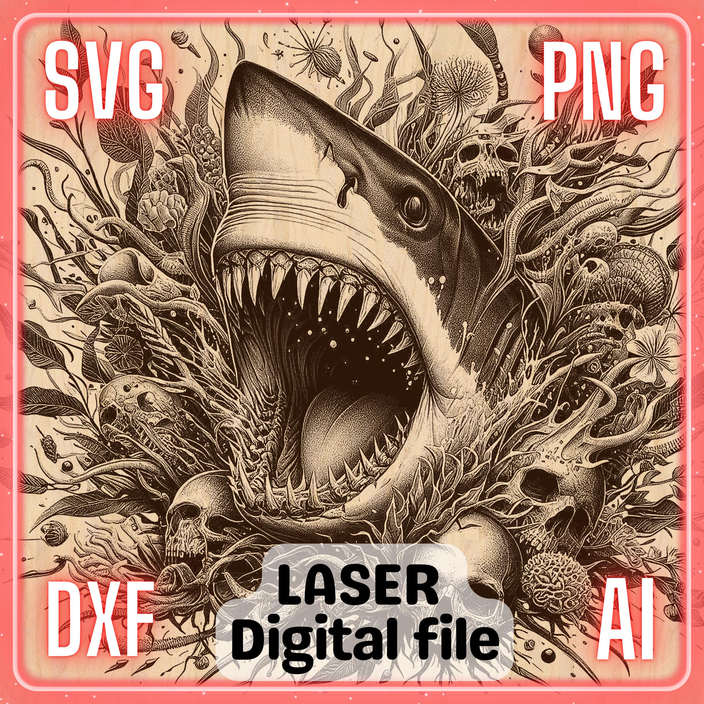 Shark with Skull | Laser Engrave File PNG SVG Coasters, Charcuterie board, Cutting Chopping Board | LightBurn, Glowforge, Xtool