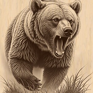Oso rugiente en movimiento dinámico, archivo PNG grabado con láser (descarga digital) / Escena de vida silvestre