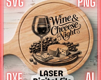 Peut inclure: Une planche à découper en bois avec un verre de vin, des raisins et du fromage. Le texte "Wine & Cheese Night" est écrit sur la planche.