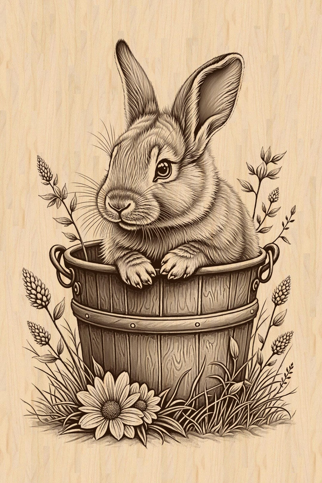 Fluffy Baby Rabbit in a Rustic Bucket Laser Engrave PNG File: Farm ...