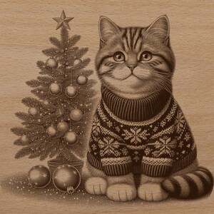 May include: A brown tabby cat wearing a brown and white knitted sweater sits in front of a small Christmas tree decorated with ornaments. The cat has a white star on its head.