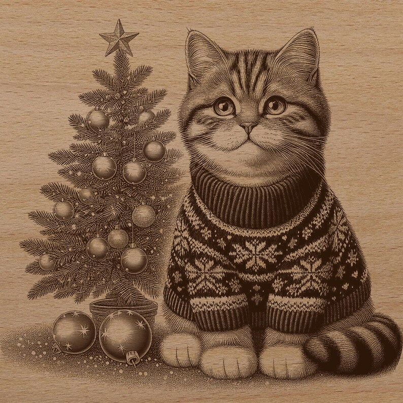 May include: A brown tabby cat wearing a brown and white knitted sweater sits in front of a small Christmas tree decorated with ornaments. The cat has a white star on its head.