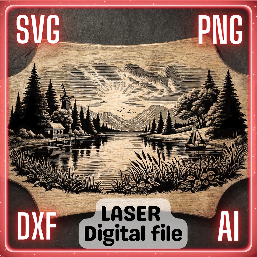 Lake Scene Laser Engrave File | Wood Coaster SVG PNG (digital Download ...