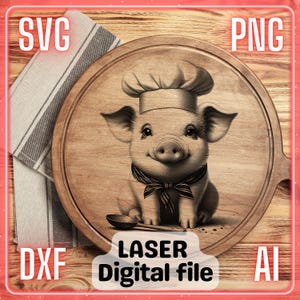 Niedliches Schwein Koch | Laser Gravur Datei PNG SVG Holz, Untersetzer, Charcuteriebrett, Schneidebrett | LightBurn, Glowforge, Xtool