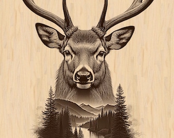 May include: A detailed illustration of a deer's head with large antlers, set against a light wood grain background. The deer's image is overlaid with a landscape of a forest, river, and mountains, creating a nature-themed design.