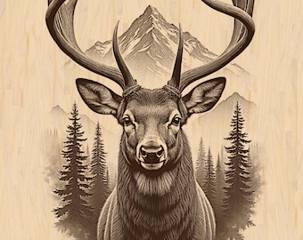May include: A sepia-toned illustration of a majestic deer with large antlers, set against a backdrop of mountains and a forest of pine trees. The artwork has a detailed, vintage style, with the deer's fur and the landscape rendered in fine lines.