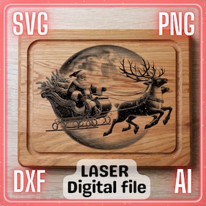 Père Noël en traîneau | Fichier de gravure laser PNG SVG sous-verres, planche de charcuterie, planche à découper | LightBurn, Glowforge, Xtool
