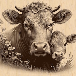 Pode incluir: Ilustração em tons sépia de uma vaca e seu bezerro, com a cabeça e os ombros da vaca em destaque. O bezerro aninha-se perto, com flores silvestres e grama em primeiro plano. A obra de arte tem um tema rústico e pastoral.