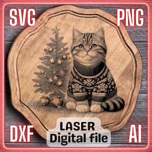 Kerstkat | Lasergraveerbestand PNG SVG-onderzetters, charcuteriebord, snijplank | LightBurn, Glowforge, Xtool