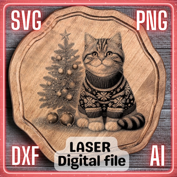 Christmas Cat Laser Engrave File: Coasters, Charcuterie Board (Digital Download)