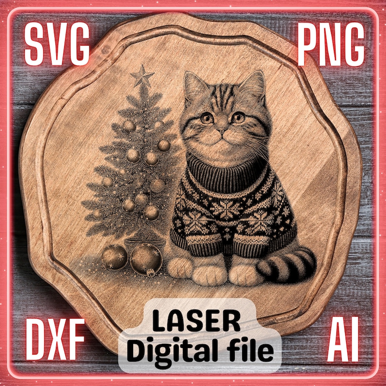 May include: A digital file for laser cutting a wooden design featuring a cat wearing a sweater and standing next to a Christmas tree. The design includes the text "LASER Digital file".