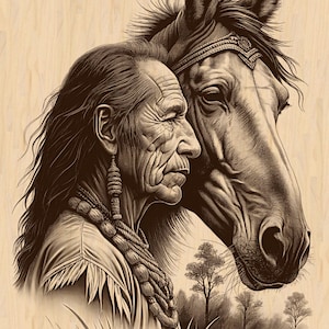 Puede incluir: Ilustración en tonos sepia de un hombre nativo americano y un caballo. El hombre, con pelo largo y un collar de cuentas, se apoya en la cabeza del caballo. El caballo lleva un adorno en la cabeza. El fondo presenta un paisaje con árboles y hierba.