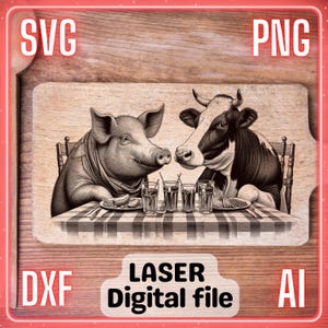 Grappig varken en koe | Lasergraveerbestand PNG SVG-bestand: hout, onderzetters, charcuteriebord, snijplank | LightBurn, Glowforge, Xtool