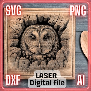 Eulenwild | Laser Gravur Datei PNG SVG Holz, Untersetzer, Charcuteriebrett, Schneidebrett | LightBurn, Glowforge, Xtool
