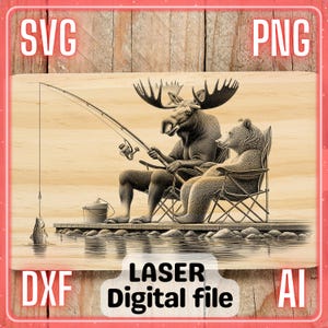 Pêche à l'orignal et à l'ours sur la jetée du lac | Gravure laser fichier PNG SVG Planche à charcuterie, Planche à découper | LightBurn, Glowforge, Xtool