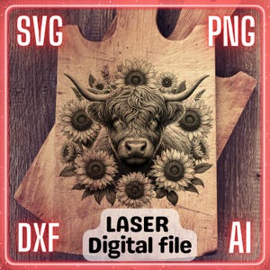 Highland Cow-zonnebloemen | Lasergraveerbestand PNG SVG-bestand: hout, onderzetters, charcuteriebord, snijplank | LightBurn, Glowforge, Xtool