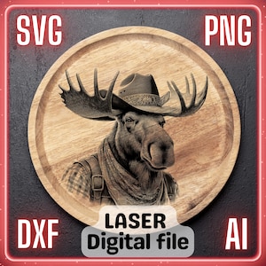 Cowboy Elch | Laser-Gravur-Datei PNG SVG | Für Holz | Charcuteriebrett, Schneidebrett | LightBurn, Glowforge, Xtool