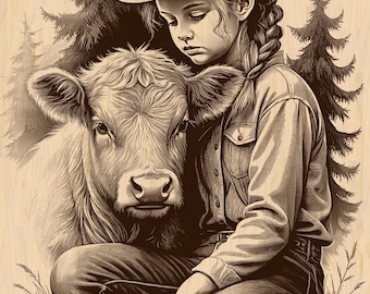Cowgirl with Cow Farm Scene Laser Engrave PNG File: Wild Nature Art (Digital Download)