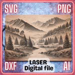 Natur Berge Wald | Laser Gravur Datei PNG SVG Holz, Untersetzer, Charcuteriebrett, Schneidebrett | LightBurn, Glowforge, Xtool