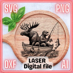 Elch und Bär beim Fischen | Laser Gravur Datei PNG SVG Holz, Untersetzer, Charcuteriebrett, Schneidebrett | LightBurn, Glowforge, Xtool