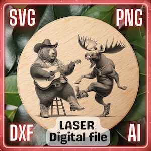 Cowboys | Bär spielt Gitarre Elch tanzt | Laser-Gravur-Datei PNG SVG | Charcuterie Schneidebrett Schneidebrett | LightBurn, Glowforge, Xtool