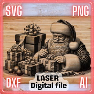 Weihnachtsmann mit Geschenken | Laser Gravur Datei PNG SVG Untersetzer, Charcuteriebrett, Schneidebrett | LightBurn, Glowforge, Xtool