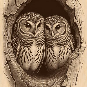 Owls in Hollow Tree Laser Engrave PNG: Wildlife Art (Digital Download)