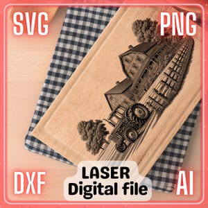 Tractor rustieke boerderij scène lasergraveren bestand PNG SVG, onderzetters, vleeswarenplank, snijplank | LightBurn, Glowforge, Xtool