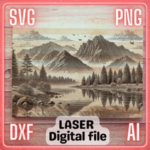 Natura Góry Rzeka | Grawerowanie laserowe Plik PNG SVG Drewno, Podkładki, Deska do wędlin, Deska do krojenia | LightBurn, Glowforge, Xtool